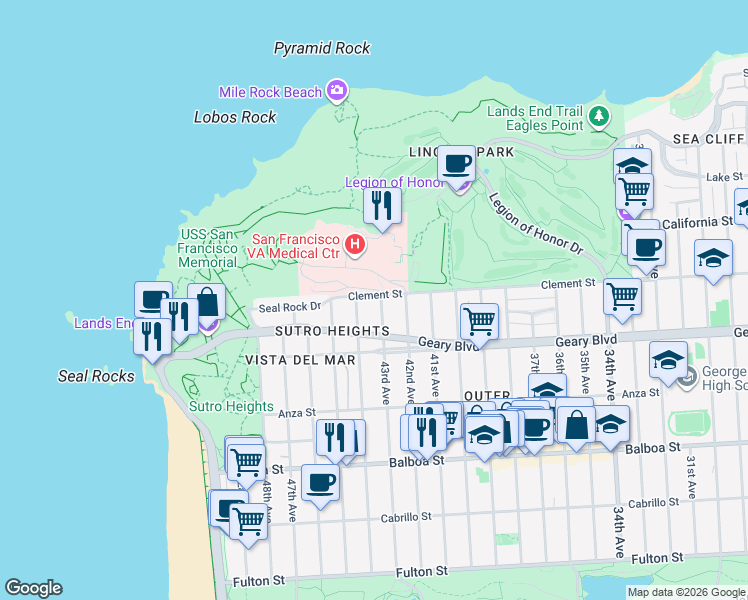 map of restaurants, bars, coffee shops, grocery stores, and more near 424 44th Avenue in San Francisco