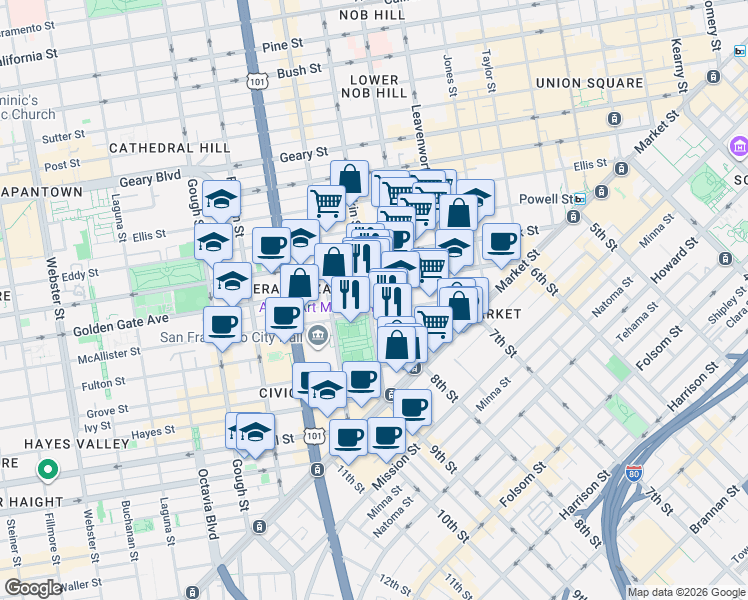 map of restaurants, bars, coffee shops, grocery stores, and more near 324 Larkin Street in San Francisco
