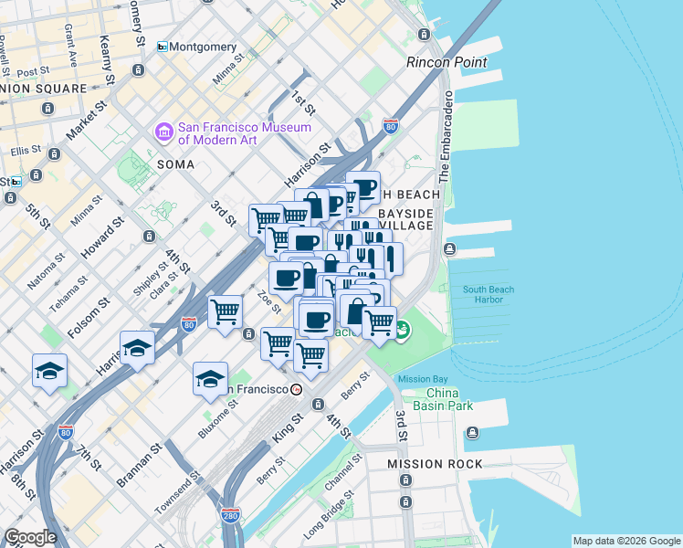 map of restaurants, bars, coffee shops, grocery stores, and more near 333 Brannan Street in San Francisco
