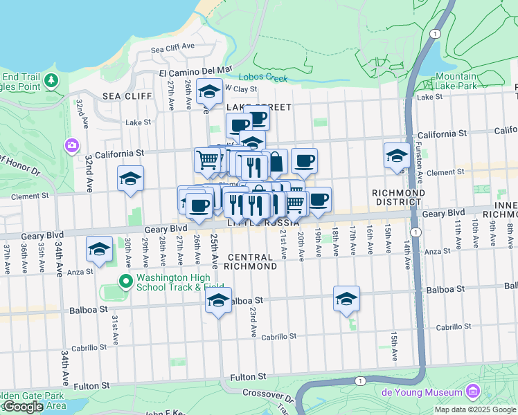 map of restaurants, bars, coffee shops, grocery stores, and more near 5860 Geary Boulevard in San Francisco