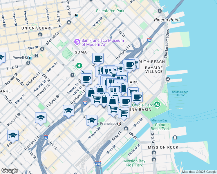map of restaurants, bars, coffee shops, grocery stores, and more near 546 Bryant Street in San Francisco