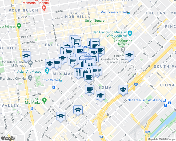 map of restaurants, bars, coffee shops, grocery stores, and more near Mission St & 6th St in San Francisco