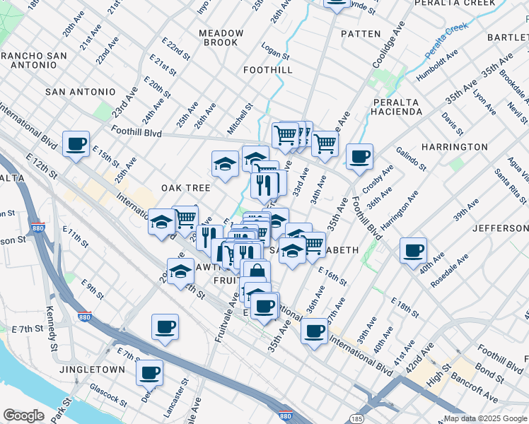 map of restaurants, bars, coffee shops, grocery stores, and more near 1606 Fruitvale Avenue in Oakland