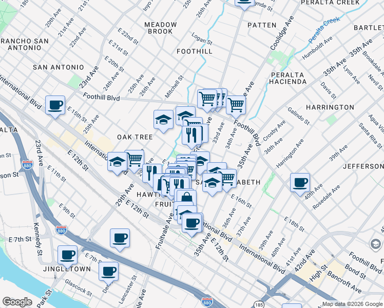 map of restaurants, bars, coffee shops, grocery stores, and more near 1606 Fruitvale Avenue in Oakland