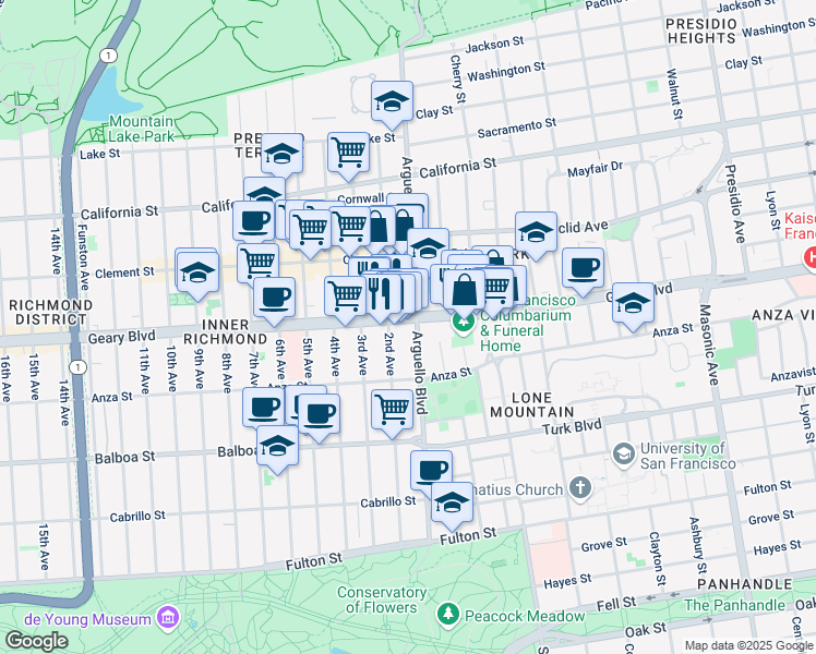map of restaurants, bars, coffee shops, grocery stores, and more near 540 Arguello Boulevard in San Francisco