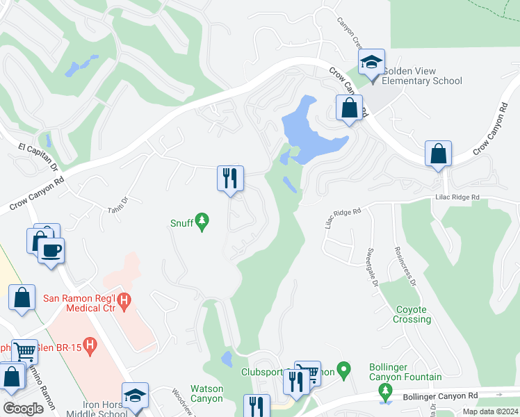 map of restaurants, bars, coffee shops, grocery stores, and more near 3085 Lakemont Drive in San Ramon
