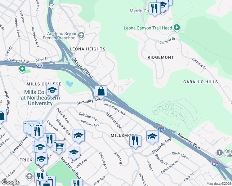 map of restaurants, bars, coffee shops, grocery stores, and more near 6239 Leona Street in Oakland