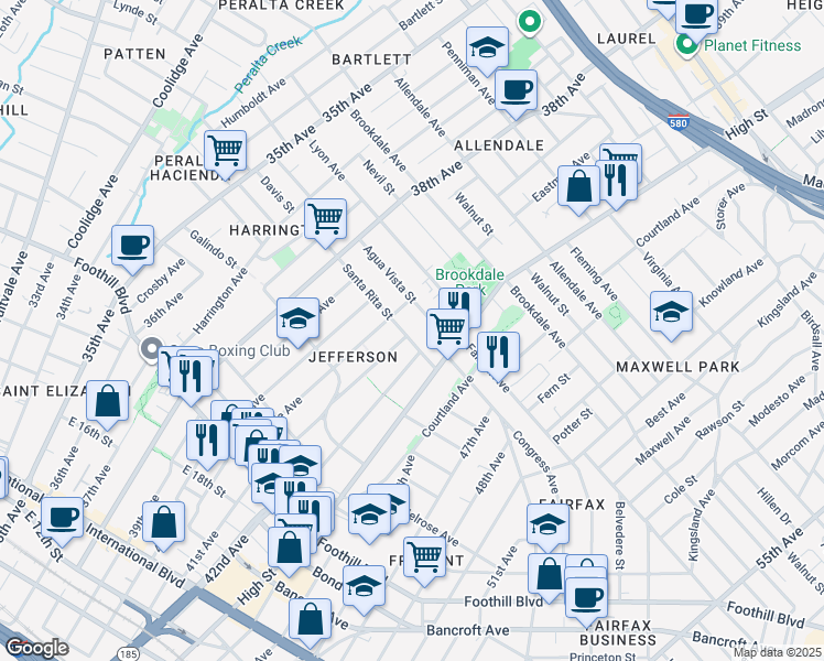 map of restaurants, bars, coffee shops, grocery stores, and more near 2258 41st Avenue in Oakland