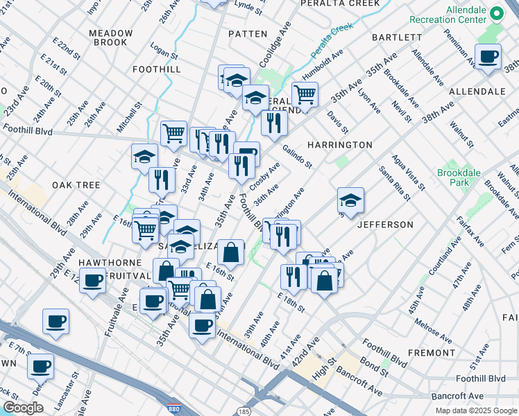 map of restaurants, bars, coffee shops, grocery stores, and more near 3615 Foothill Boulevard in Oakland