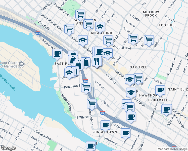 map of restaurants, bars, coffee shops, grocery stores, and more near 1125 Calcot Place in Oakland