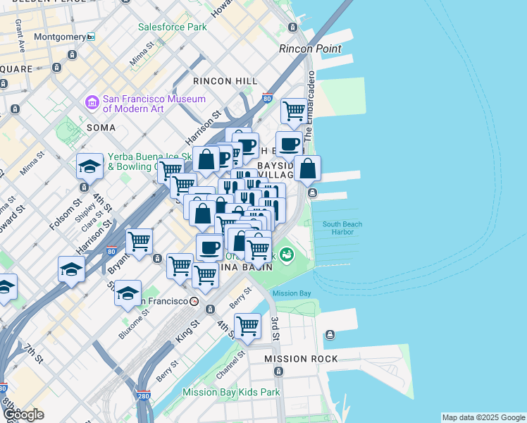map of restaurants, bars, coffee shops, grocery stores, and more near 88 Townsend Street in San Francisco