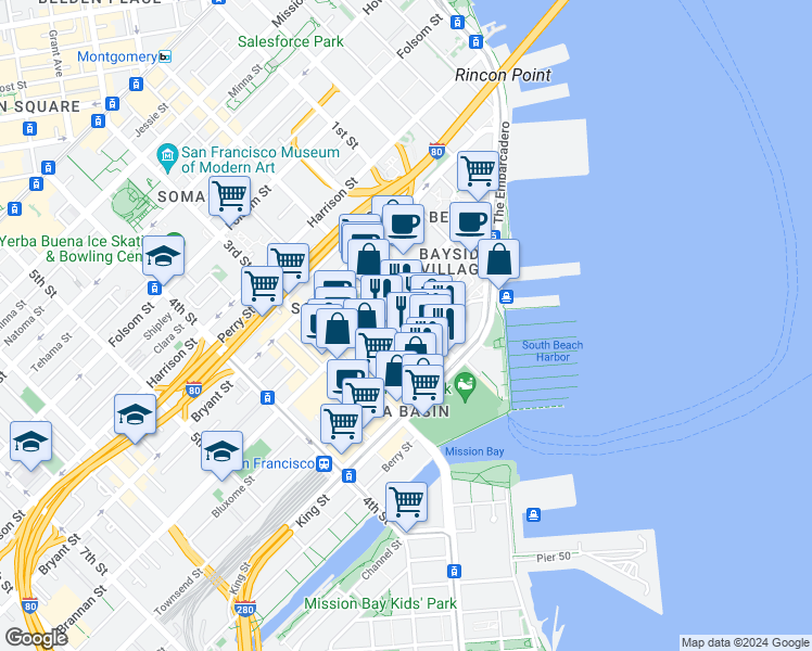 map of restaurants, bars, coffee shops, grocery stores, and more near 88 Townsend Street in San Francisco