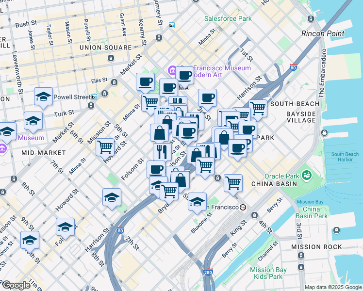 map of restaurants, bars, coffee shops, grocery stores, and more near None in San Francisco