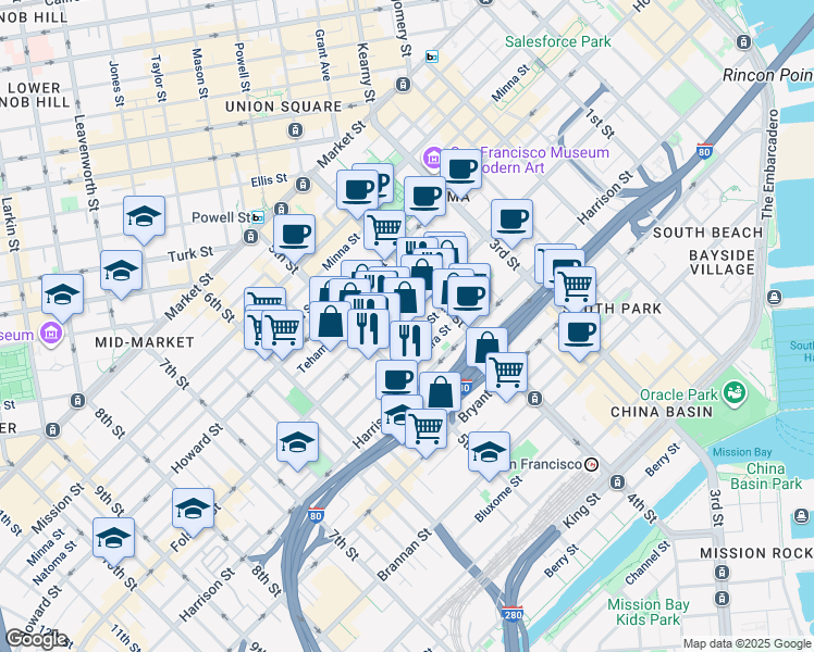 map of restaurants, bars, coffee shops, grocery stores, and more near 888 Perry Street in San Francisco