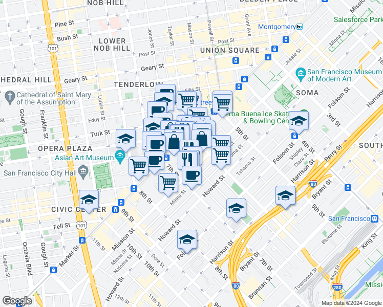 map of restaurants, bars, coffee shops, grocery stores, and more near 1018 V in San Francisco