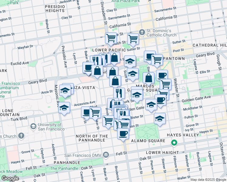map of restaurants, bars, coffee shops, grocery stores, and more near 1199 Divisadero Street in San Francisco
