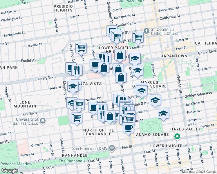 map of restaurants, bars, coffee shops, grocery stores, and more near 1100 Broderick Street in San Francisco