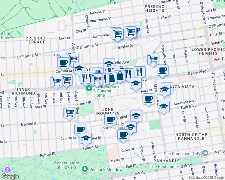 map of restaurants, bars, coffee shops, grocery stores, and more near 293 Parker Avenue in San Francisco