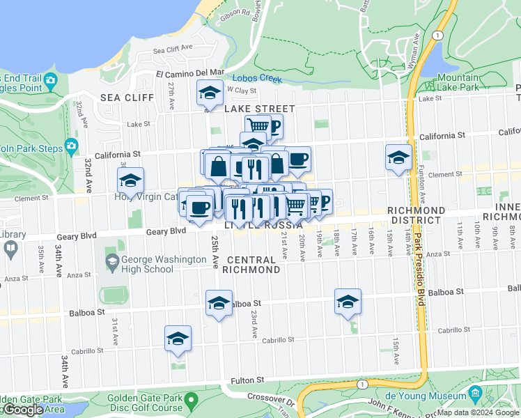 map of restaurants, bars, coffee shops, grocery stores, and more near 5860 Geary Boulevard in San Francisco