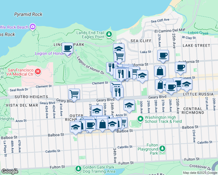 map of restaurants, bars, coffee shops, grocery stores, and more near 455 34th Avenue in San Francisco