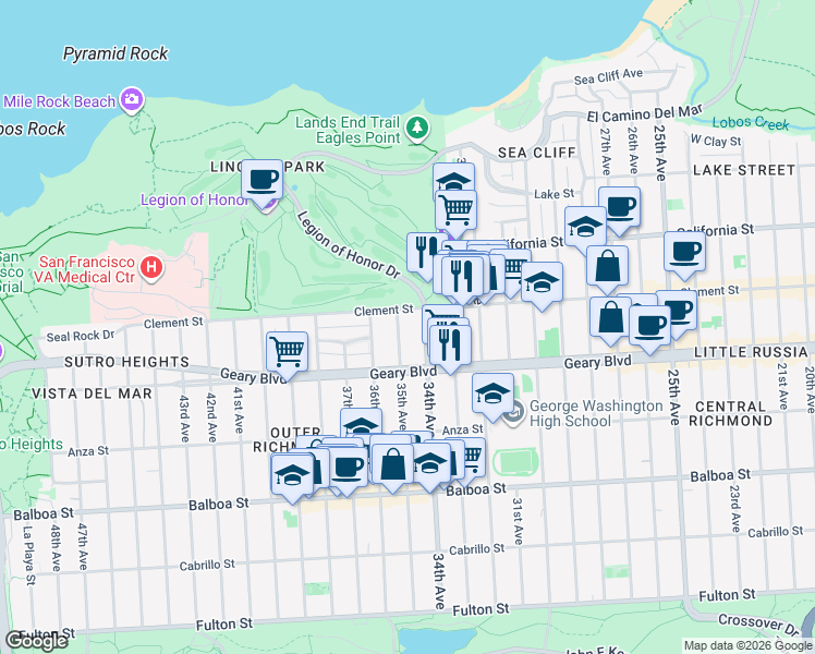map of restaurants, bars, coffee shops, grocery stores, and more near 455 34th Avenue in San Francisco