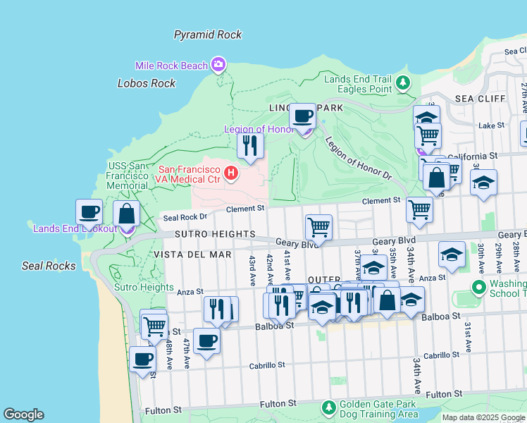 map of restaurants, bars, coffee shops, grocery stores, and more near 431 42nd Avenue in San Francisco