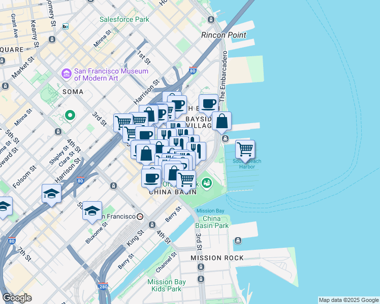 map of restaurants, bars, coffee shops, grocery stores, and more near 88 Townsend Street in San Francisco