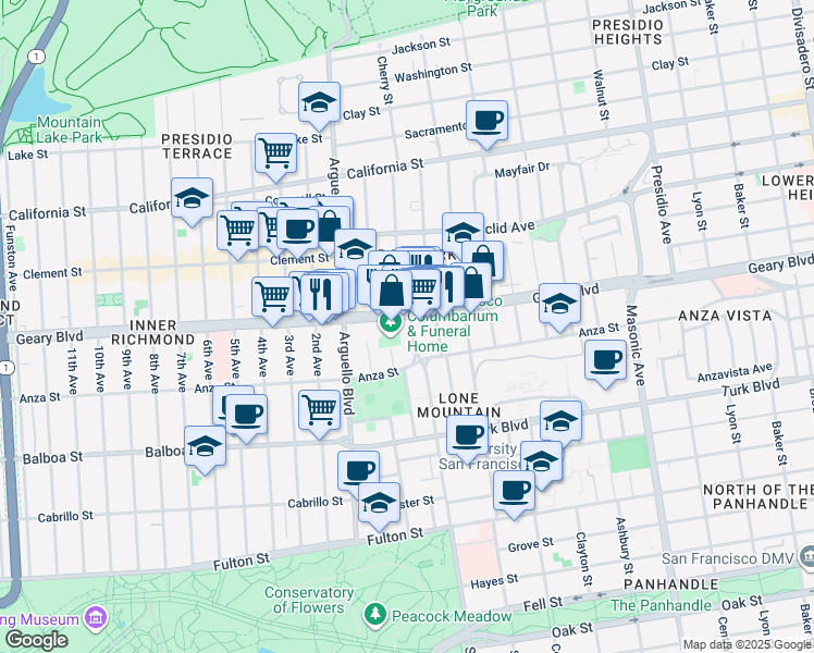 map of restaurants, bars, coffee shops, grocery stores, and more near 1 Loraine Court in San Francisco
