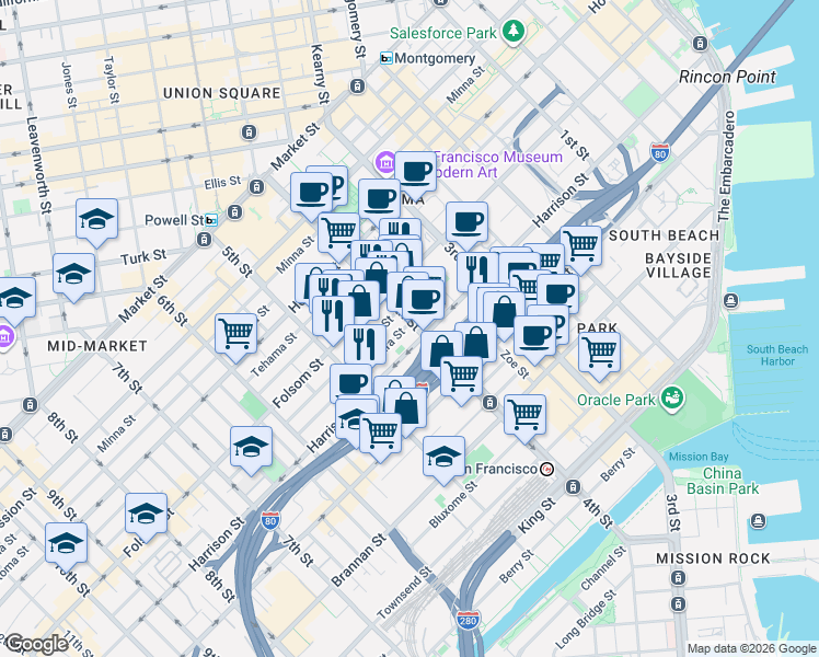 map of restaurants, bars, coffee shops, grocery stores, and more near 370 4th Street in San Francisco