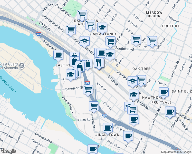 map of restaurants, bars, coffee shops, grocery stores, and more near 1125 Calcot Place in Oakland