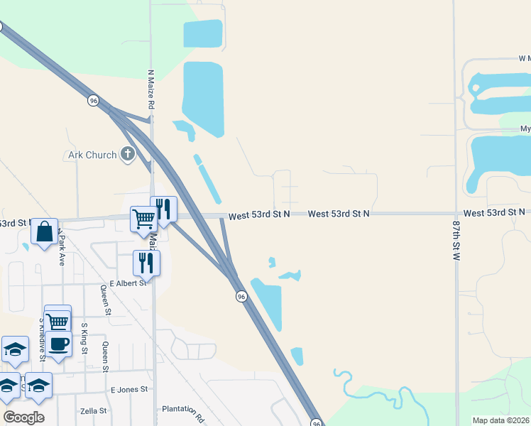 map of restaurants, bars, coffee shops, grocery stores, and more near 9810 West 53rd Street North in Maize