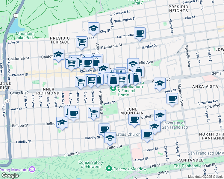 map of restaurants, bars, coffee shops, grocery stores, and more near 1 Loraine Court in San Francisco