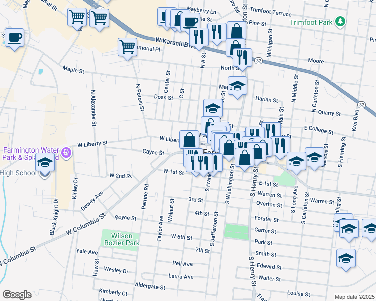 map of restaurants, bars, coffee shops, grocery stores, and more near 101 South A Street in Farmington