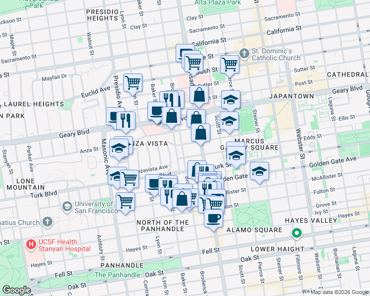 map of restaurants, bars, coffee shops, grocery stores, and more near 1100 Broderick Street in San Francisco