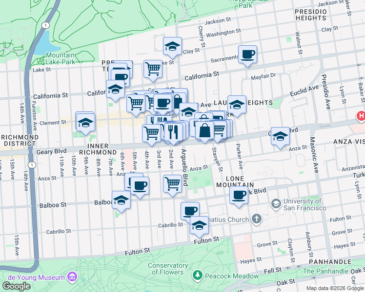 map of restaurants, bars, coffee shops, grocery stores, and more near 540 Arguello Boulevard in San Francisco