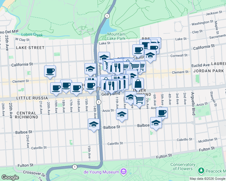 map of restaurants, bars, coffee shops, grocery stores, and more near 4724 Geary Boulevard in San Francisco