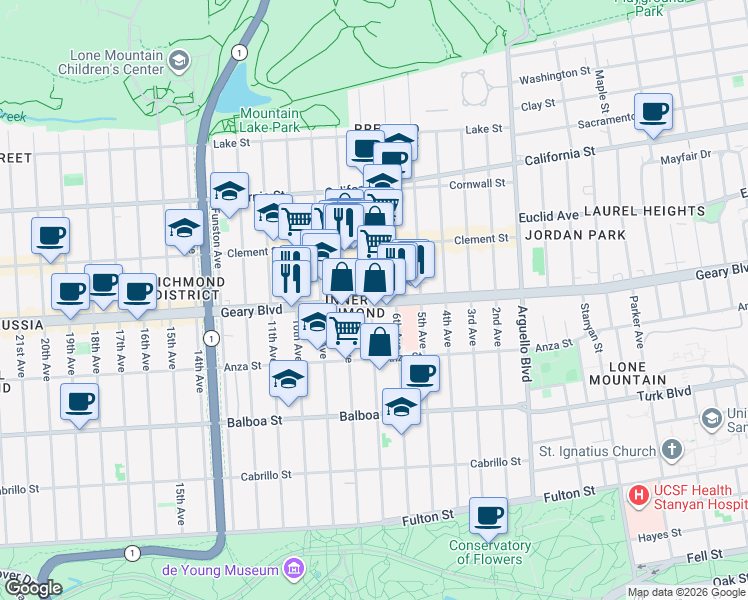 map of restaurants, bars, coffee shops, grocery stores, and more near Geary Boulevard in San Francisco