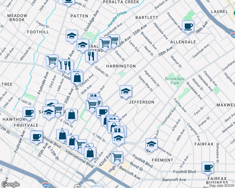 map of restaurants, bars, coffee shops, grocery stores, and more near 2106 38th Avenue in Oakland