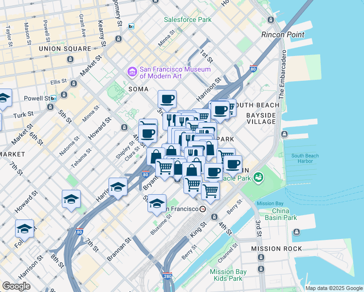 map of restaurants, bars, coffee shops, grocery stores, and more near 546 Bryant Street in San Francisco