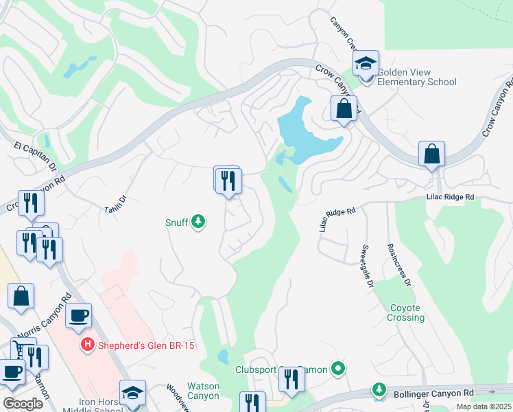 map of restaurants, bars, coffee shops, grocery stores, and more near 731 Lakemont Place in San Ramon