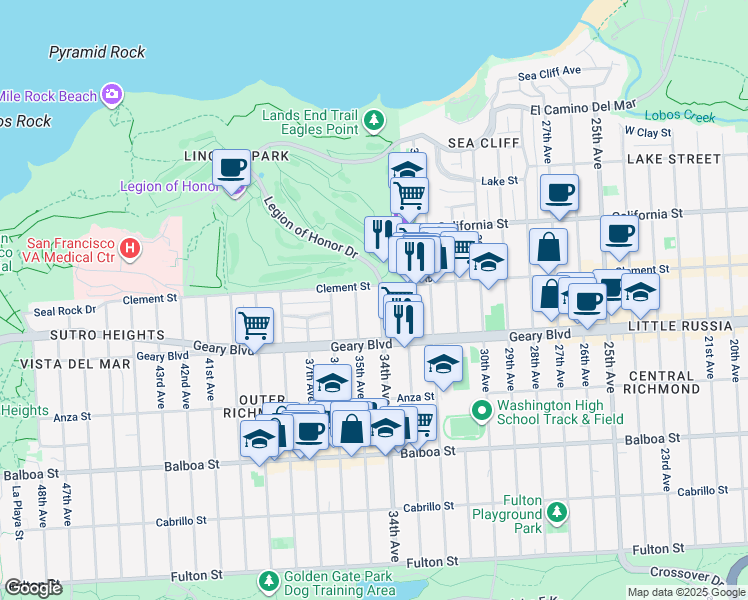 map of restaurants, bars, coffee shops, grocery stores, and more near 423 34th Avenue in San Francisco
