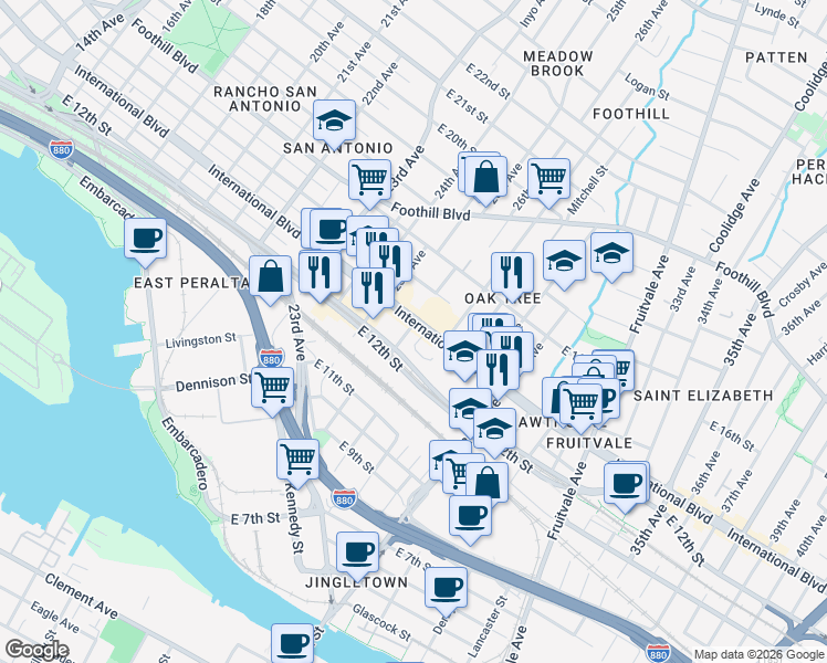 map of restaurants, bars, coffee shops, grocery stores, and more near 2647 International Boulevard in Oakland