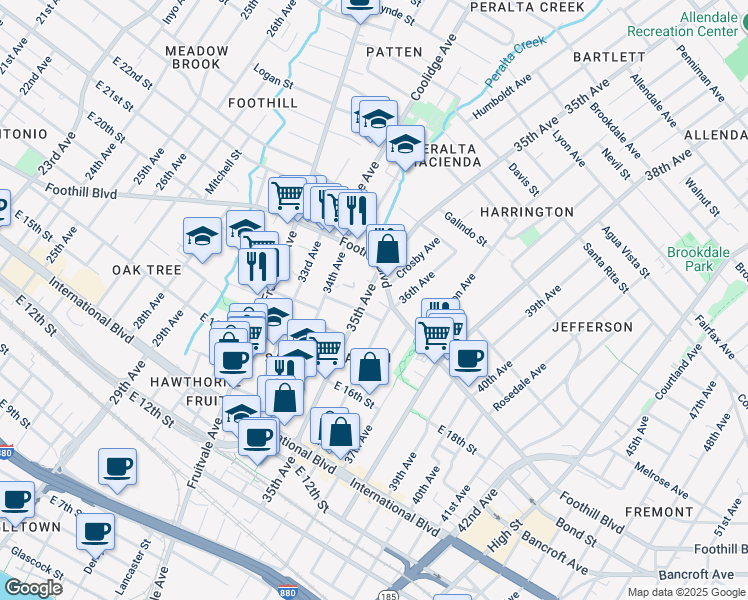 map of restaurants, bars, coffee shops, grocery stores, and more near 1722 35th Avenue in Oakland