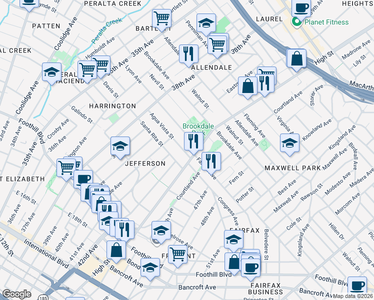 map of restaurants, bars, coffee shops, grocery stores, and more near 4118 Agua Vista Street in Oakland