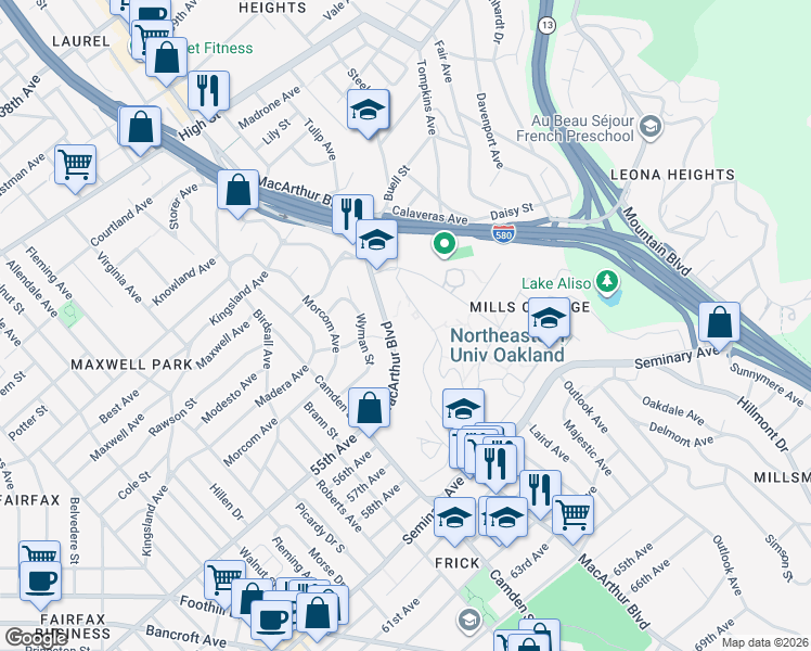 map of restaurants, bars, coffee shops, grocery stores, and more near in Oakland