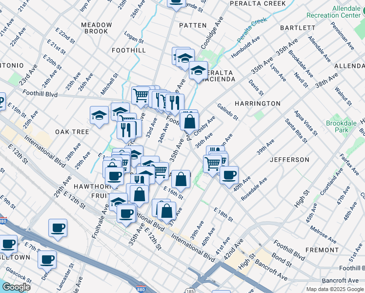 map of restaurants, bars, coffee shops, grocery stores, and more near 1612 35th Avenue in Oakland