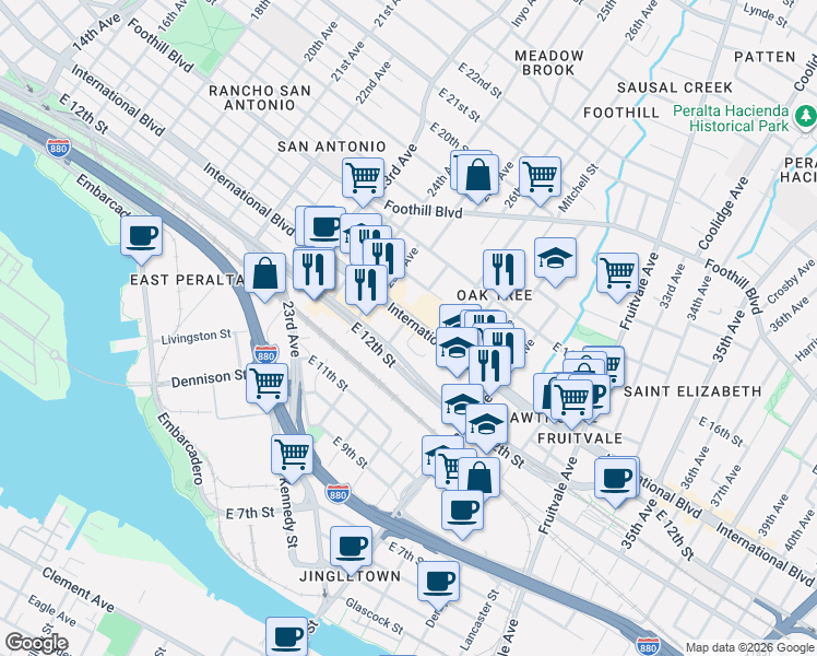 map of restaurants, bars, coffee shops, grocery stores, and more near 2647 International Boulevard in Oakland