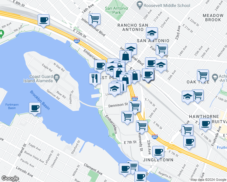map of restaurants, bars, coffee shops, grocery stores, and more near 2101 Livingston Street in Oakland