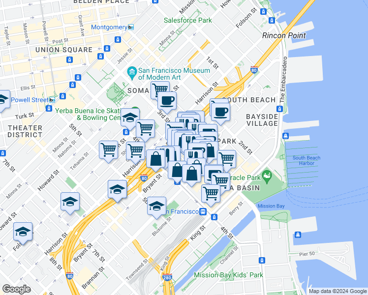 map of restaurants, bars, coffee shops, grocery stores, and more near 546 Bryant Street in San Francisco