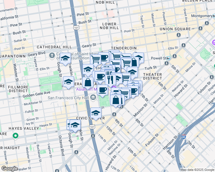 map of restaurants, bars, coffee shops, grocery stores, and more near 272 McAllister Street in San Francisco